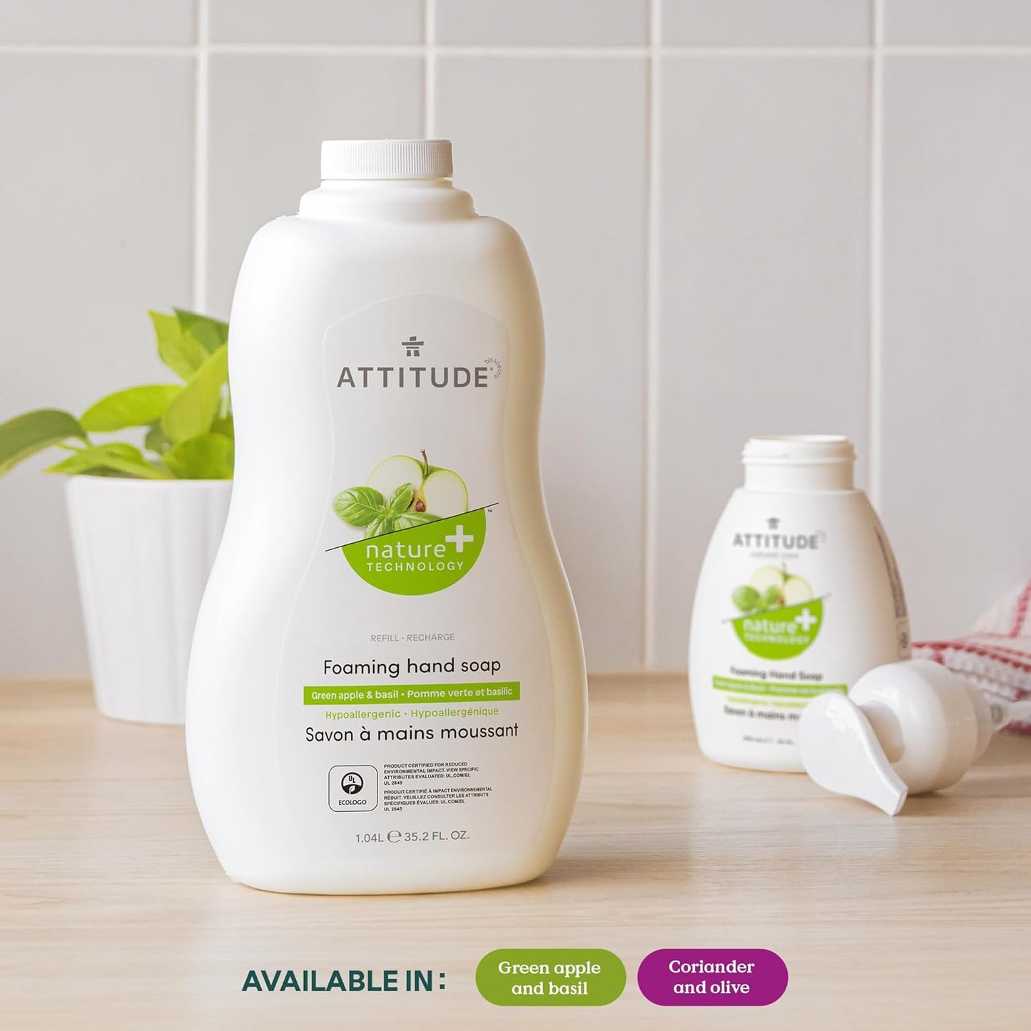 ATTITUDE Vegan Foaming Hand Soap Bundle - Coriander & Olive, 10 Fl Oz + 35.2 Fl Oz Refill