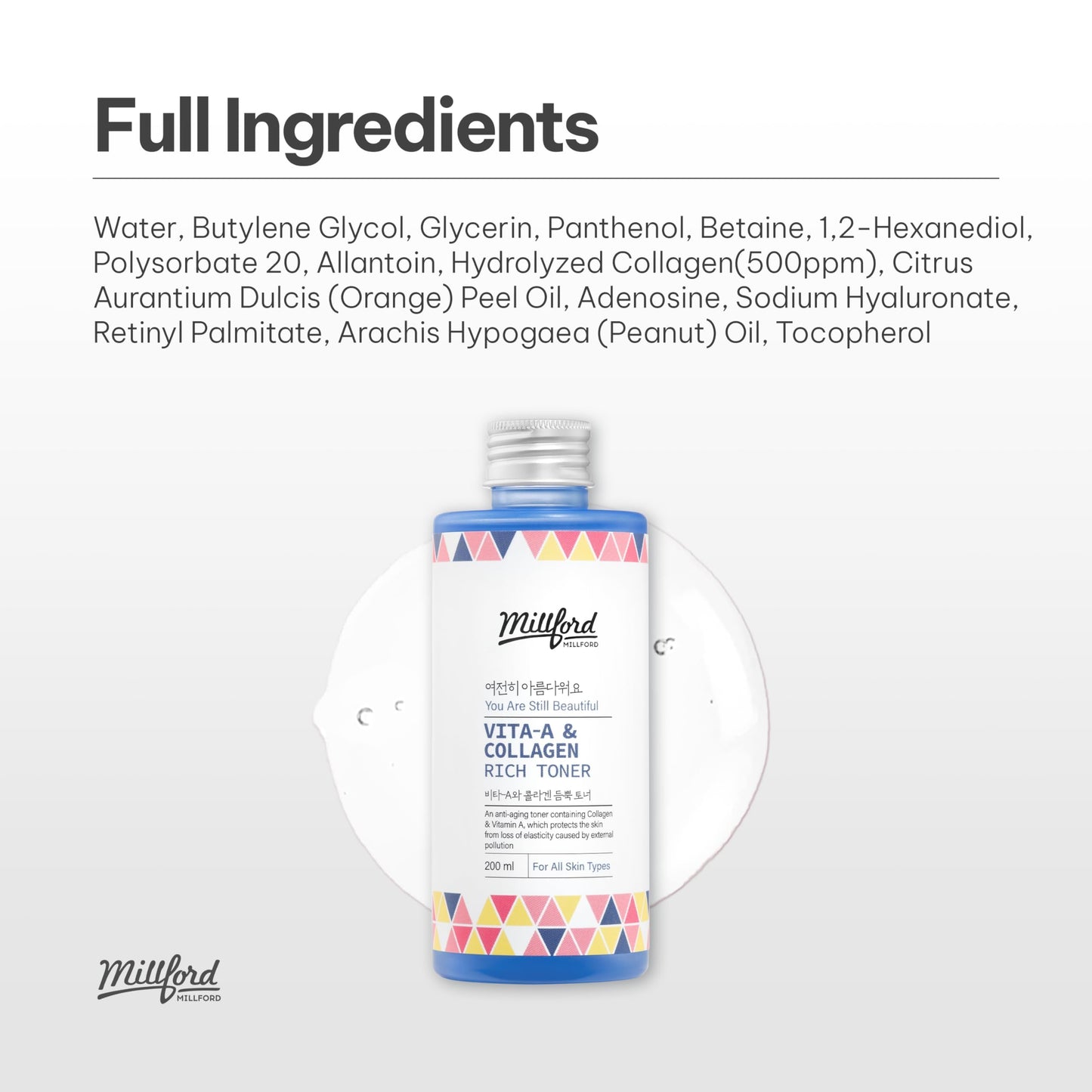 Millford Vita A & Collagen Rich Toner 200ml/6.76 fl.oz - Anti-Aging Retinol Face Toner with Marine Collagen & Panthenol for Fine Lines, Wrinkles, Elasticity & Deep Hydration, Korean Skincare