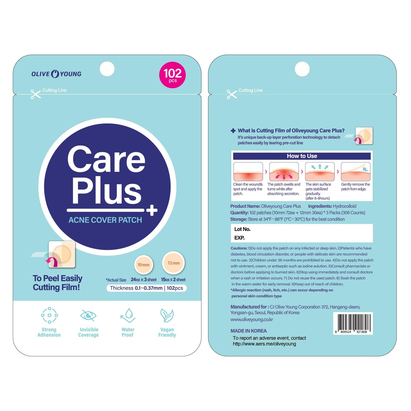OLIVE YOUNG Care Plus Spot Patch | Hydrocolloid Acne Korean Spot Patch to Cover Zits, Pimples and Blemishes, for Troubled Skin and Face (Hydrocolloid, 306 Count (Pack of 3))