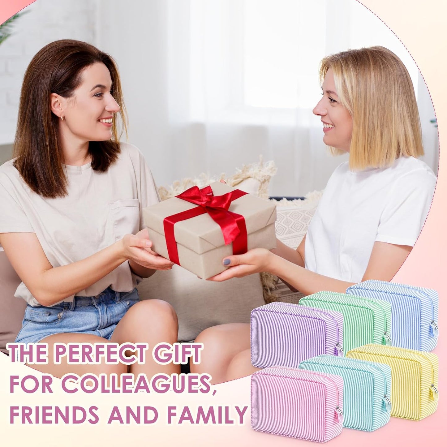 Seersucker Cosmetic Bag - Cute Striped Makeup Organizer for Women | Large Macaron Color Travel Pouch