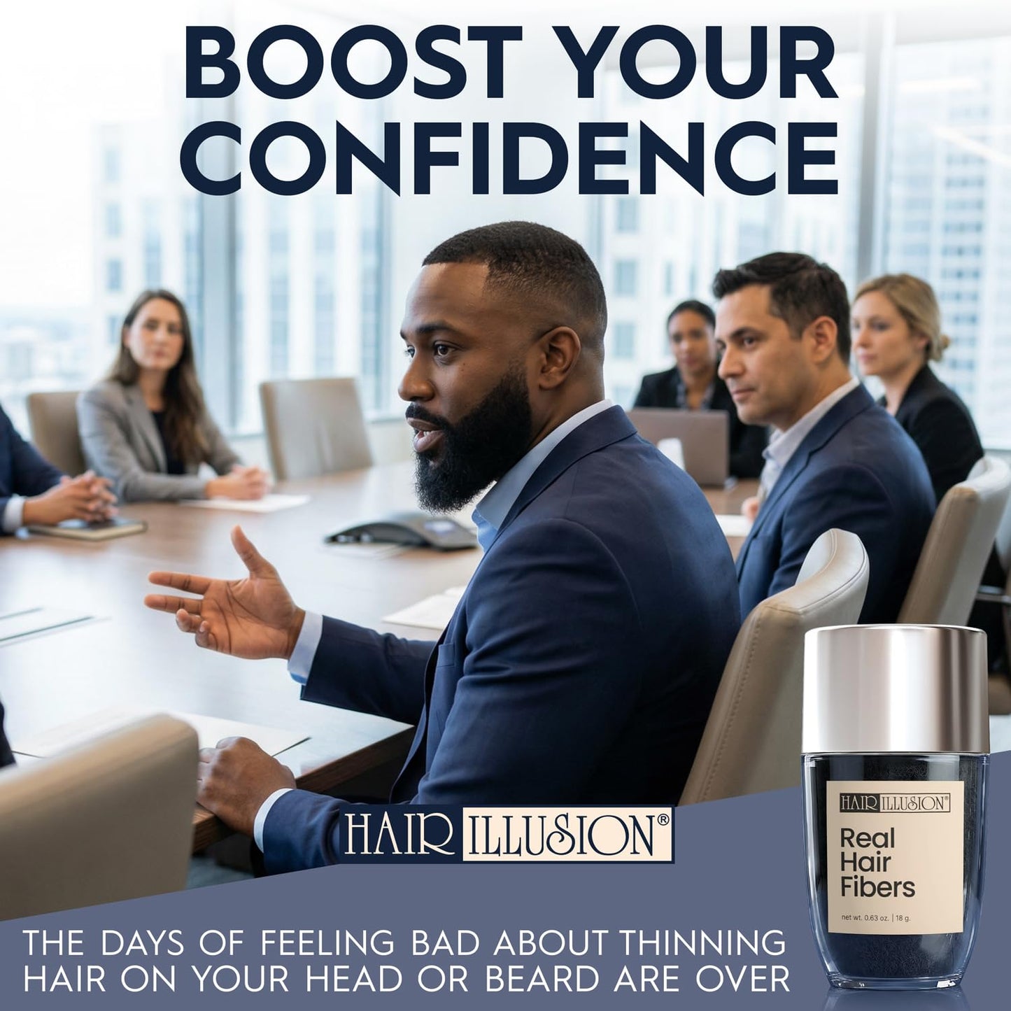 Hair Illusion Black Real Hair Fibers for Thinning Hair - 100% Natural Texture, Non Synthetic Hair Fibers - Bald Spot Cover Up for Women & Men - 18 Gram