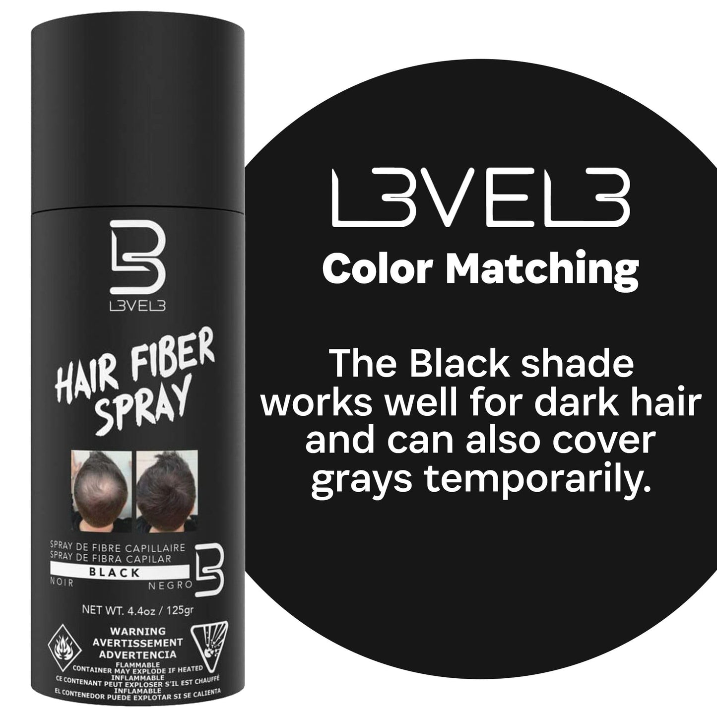 Level 3 Black Hair Fiber Spray - Covers Bald Spots & Thinning Hair - Instant Gray Coverage & Thicker Hair Appearance - Hair Enhancement Spray - 4.4 oz