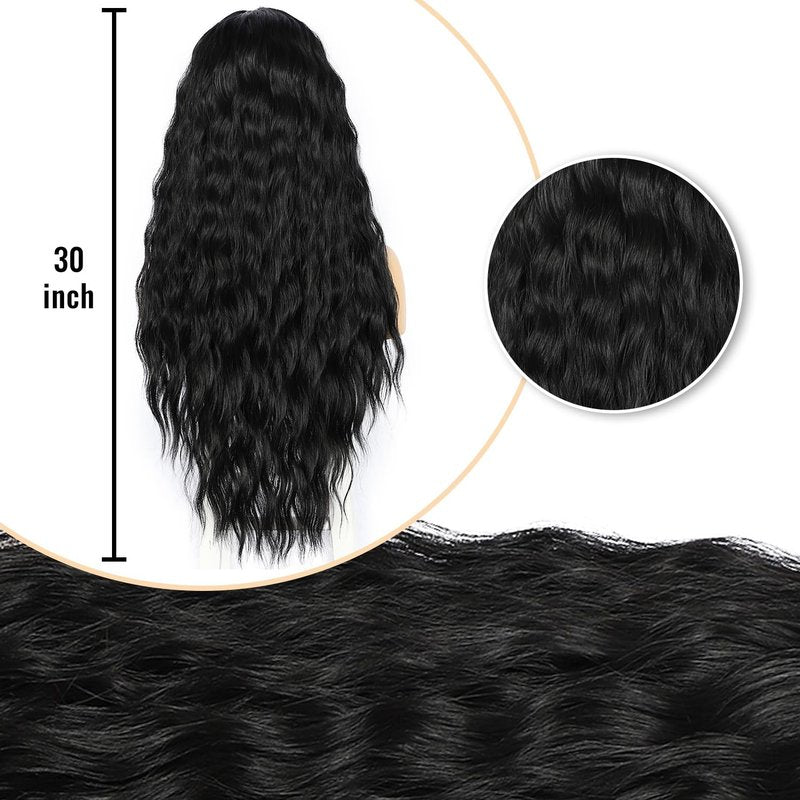 SAPPHIREWIGS 13×4 Black Lace Front Wigs Loose Wave Wig Pre Plucked Hairline Synthetic Lace Frontal Crimp Curly Wigs for Black Women Cosplay Daily Party Use 30 inch