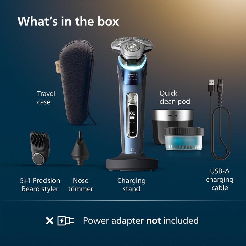 Philips Norelco Shaver i9000 Prestige, Wet & Dry Electric Shaver, Mystic Aqua, SenseIQ Technology, Triple Lift & Cut System, 360 Rotating Dual SteelPrecision Blades, Nose Trimmer, XP9201/88