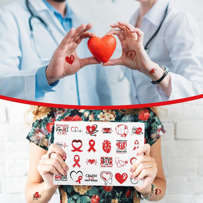 Landhoow 240 Pcs Heart Health Awareness Tattoos Temporary Glitter Awareness Body Sticker for Campaign Favor Charity Supplies, 24 Designs