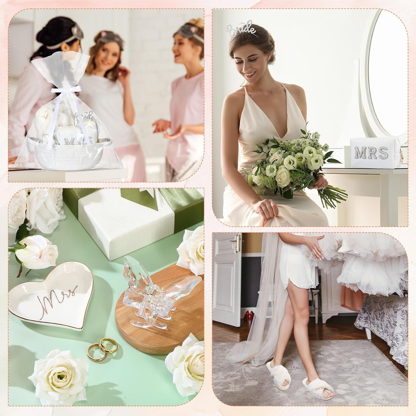 Bride To Be Gift Basket - 17 Pcs Bridal Shower Set with Makeup Bag, Slippers, Sash & More | White