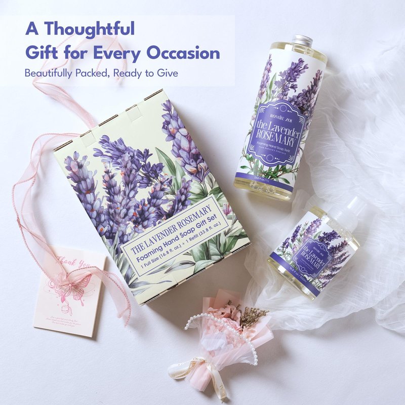 ROMIIE ZOI Foaming Hand Soap Gift Set, 1000ml Refill+500ml Foaming Soap, Cruelty-Free, Biodegradable Formula with Essential Oils for Sensitive Skin, Lavender Rosemary Scent, For Kitchen & Bathroom