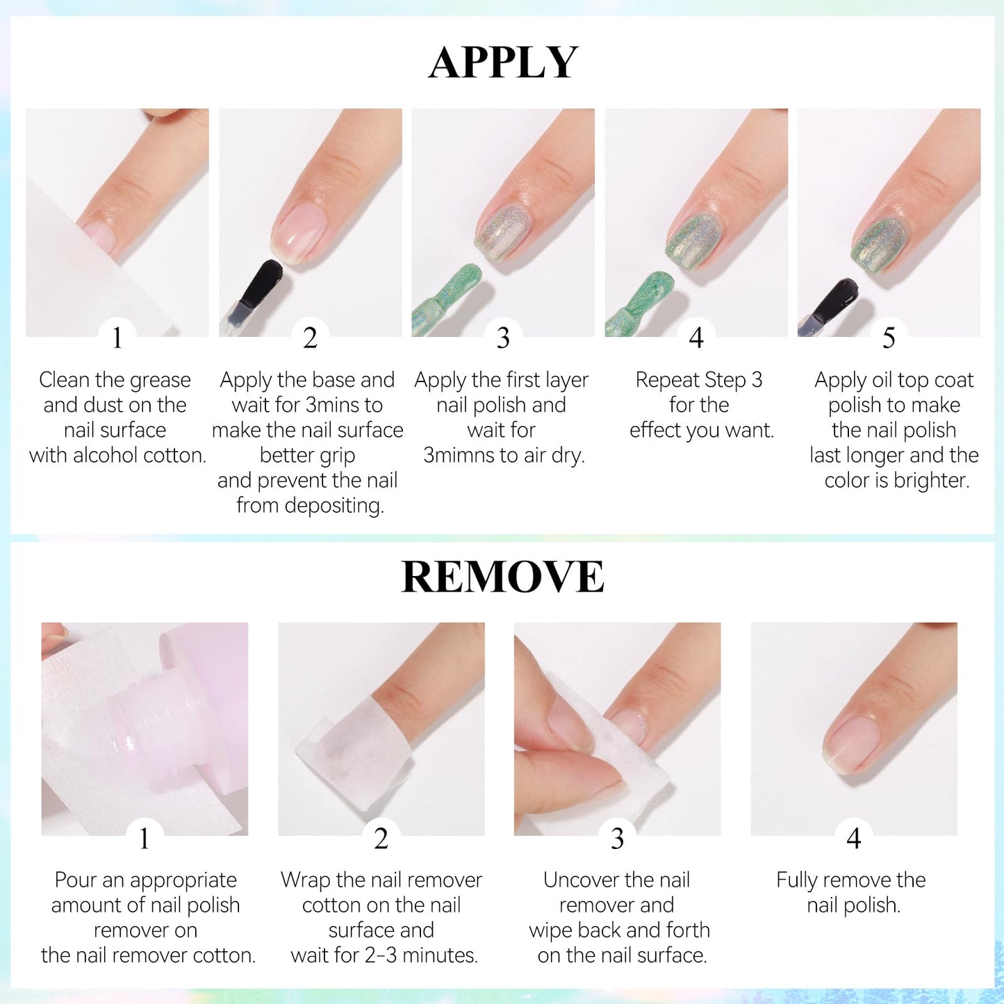 Bevimee Iridescent Holographic Nail Polish 12ML*4Colors Silver Pink Red Green Nail Polish Fast Drying