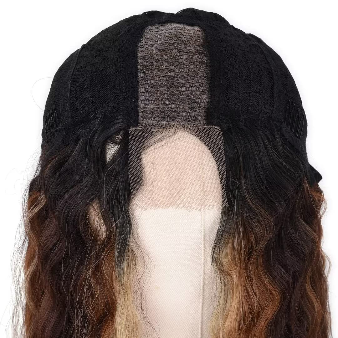 28-Inch Deep Wave Frontal Wig - Honey Blonde Ombre Synthetic Lace Front Wig for Women | Loose Curly Hair