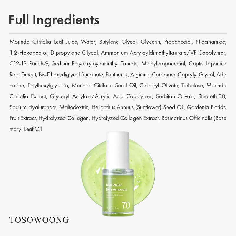 TOSOWOONG Real Relief Noni Ampoule, 701,518ppm Noni Leaf Juice, Korean Skincare Calming Serum, Dark Spots & Fine Lines, Hydration, Moisturizing, Anti Aging, Glass Skin Glow, 33ml / 1.11 fl. oz.