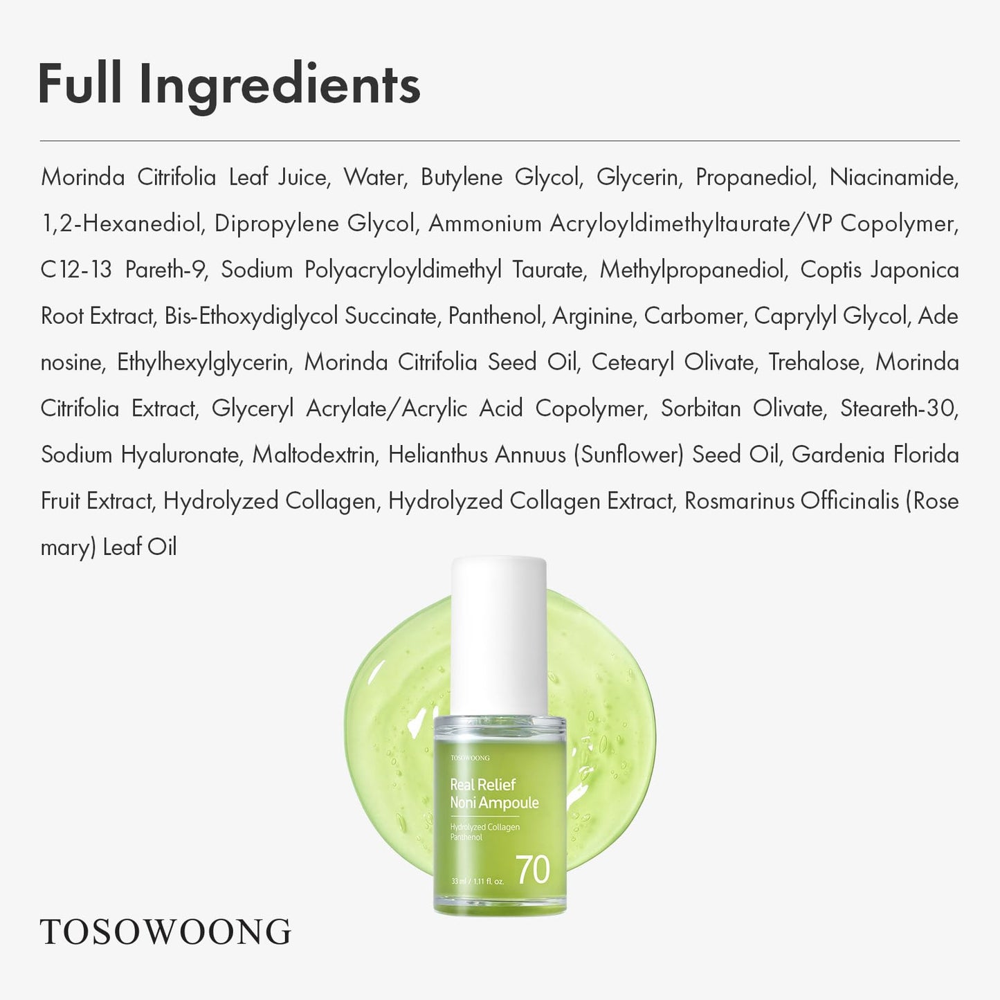 TOSOWOONG Real Relief Noni Ampoule, 701,518ppm Noni Leaf Juice, Korean Skincare Calming Serum, Dark Spots & Fine Lines, Hydration, Moisturizing, Anti Aging, Glass Skin Glow, 33ml / 1.11 fl. oz.