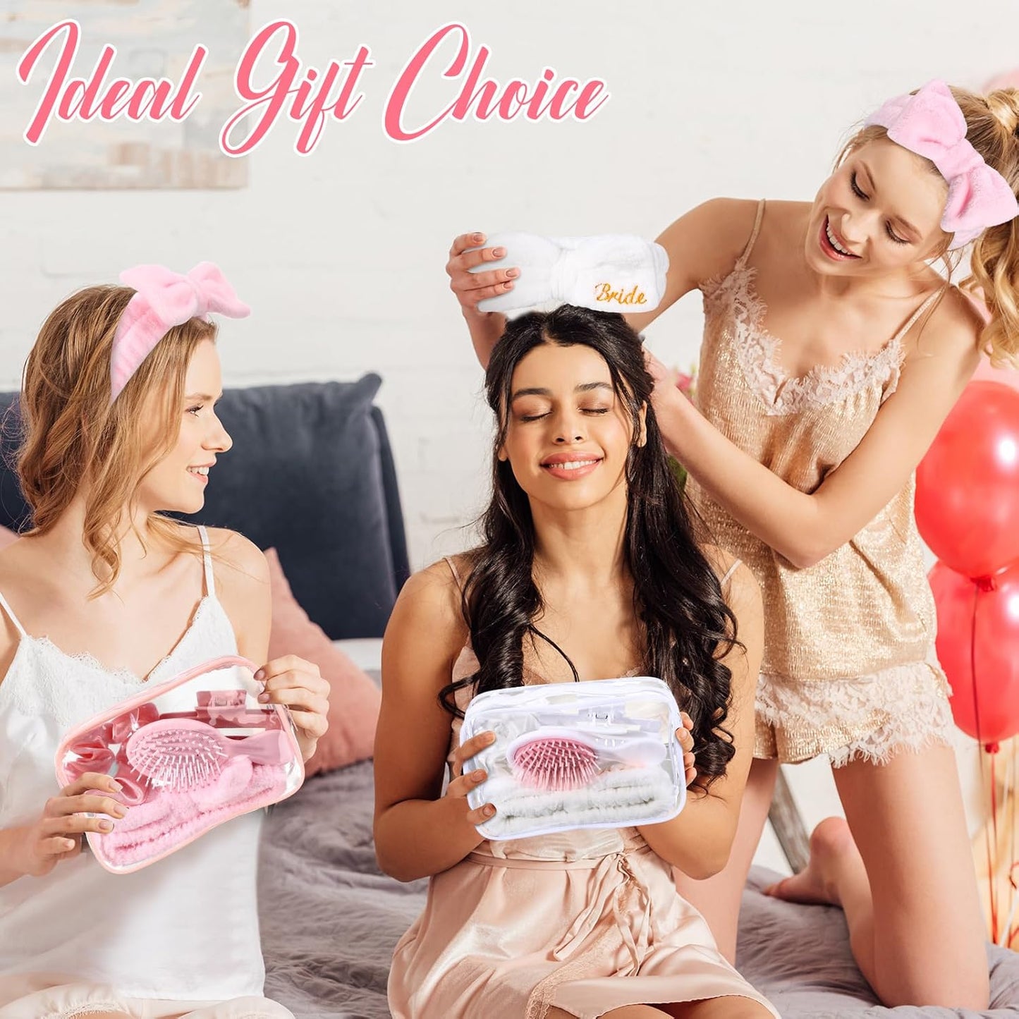 Bachelorette Favor Set - 40 Pcs Headbands, Scrunchies & Hair Accessories | Bridal Shower Gifts (White & Pink)