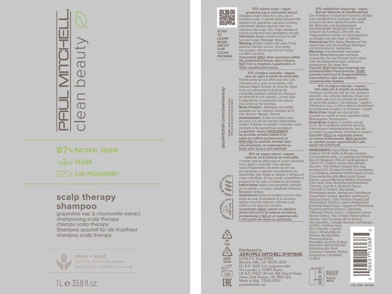 Paul Mitchell Clean Beauty Scalp Therapy Shampoo, Gently Conditions + Cools All Hair Types, Especially Dry, Oily + Sensitive Scalps, 33.8 fl. oz.