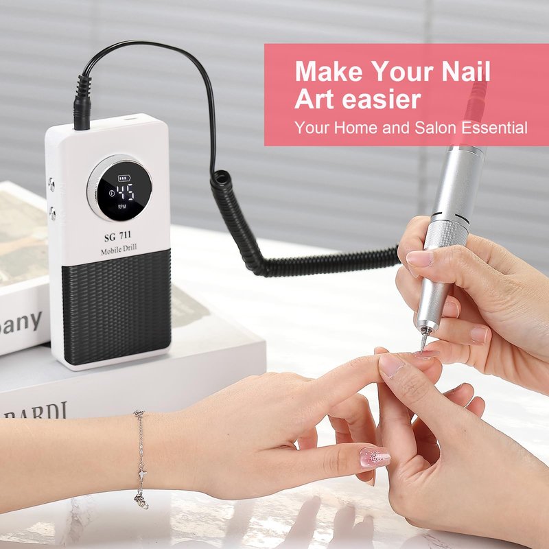 Electric 45000RPM Nail Drill Machine Rechargeable Portable Nail File Electric DIY Nail Drill Kit with Smart LCD Screen for Gel Nail Manicure and Pedicure Reflective Body etc (White)