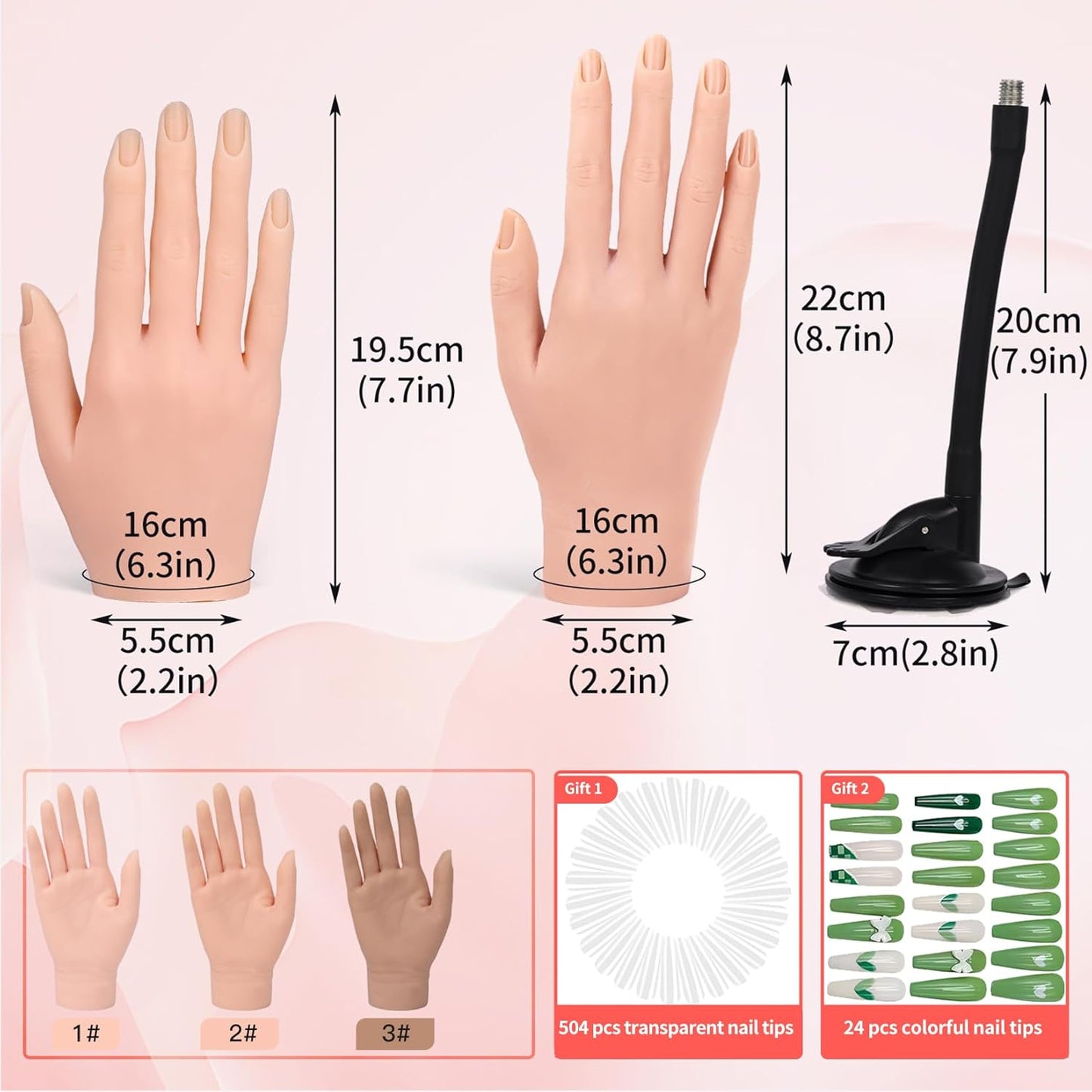 Flexible Silicone Practice Hand for Acrylic Nails with 528 Nail Tips & Stand