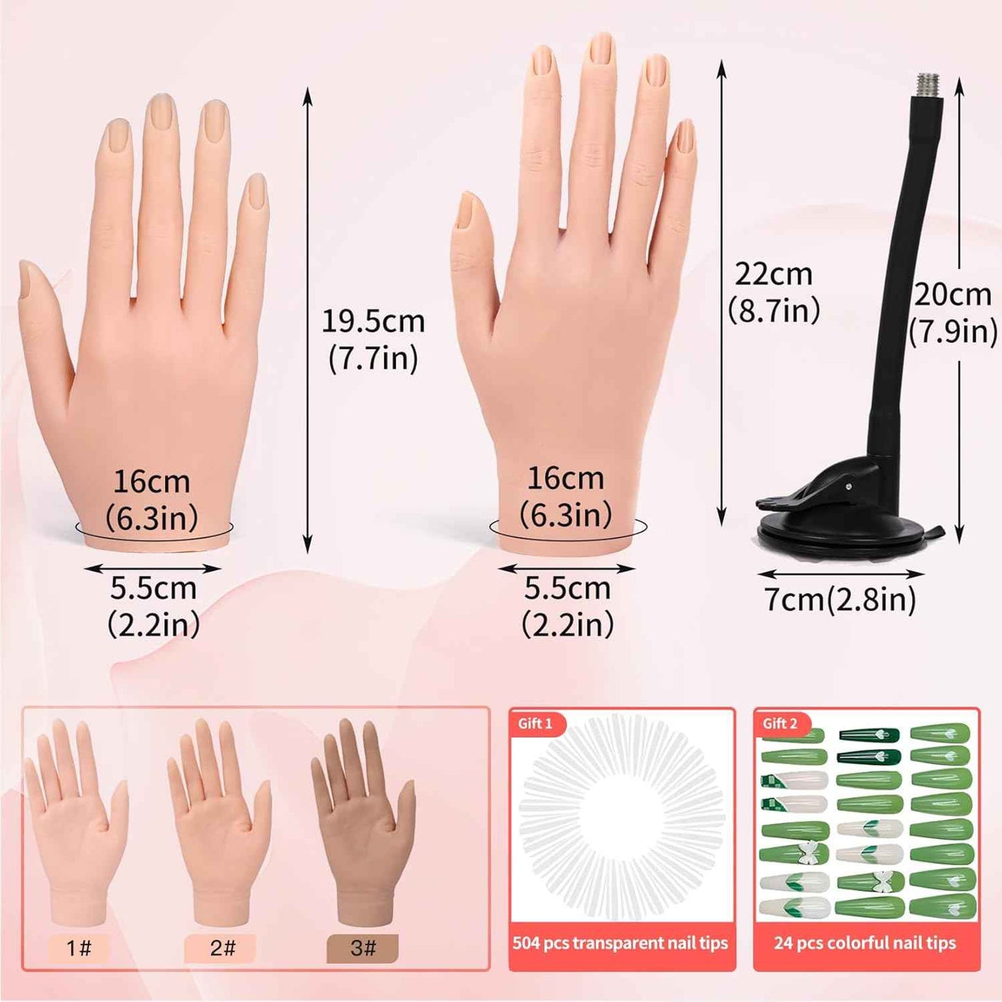 Flexible Silicone Practice Hand for Acrylic Nails with 528 Nail Tips & Stand