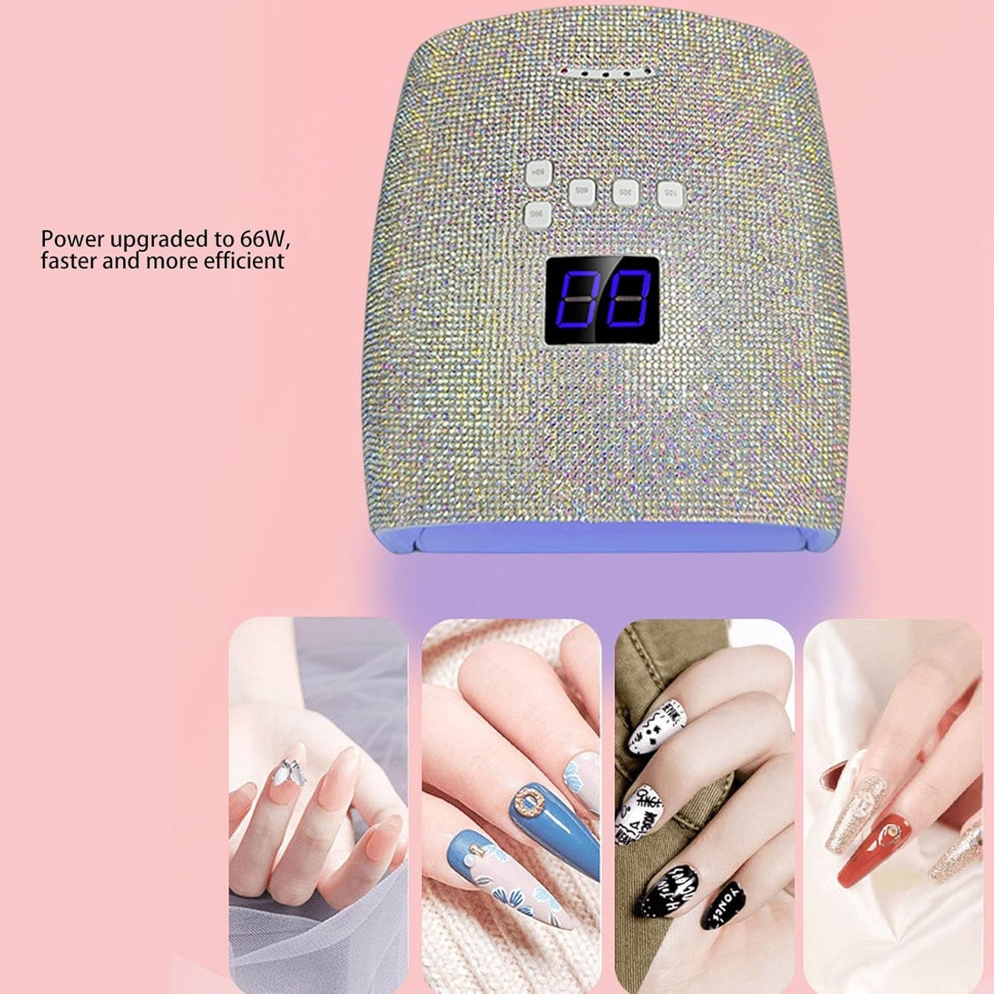 Rechargeable 66W Nail Lamp with Rhinestones - Gel Nail Light, 4 Timer Settings, Removable Tray