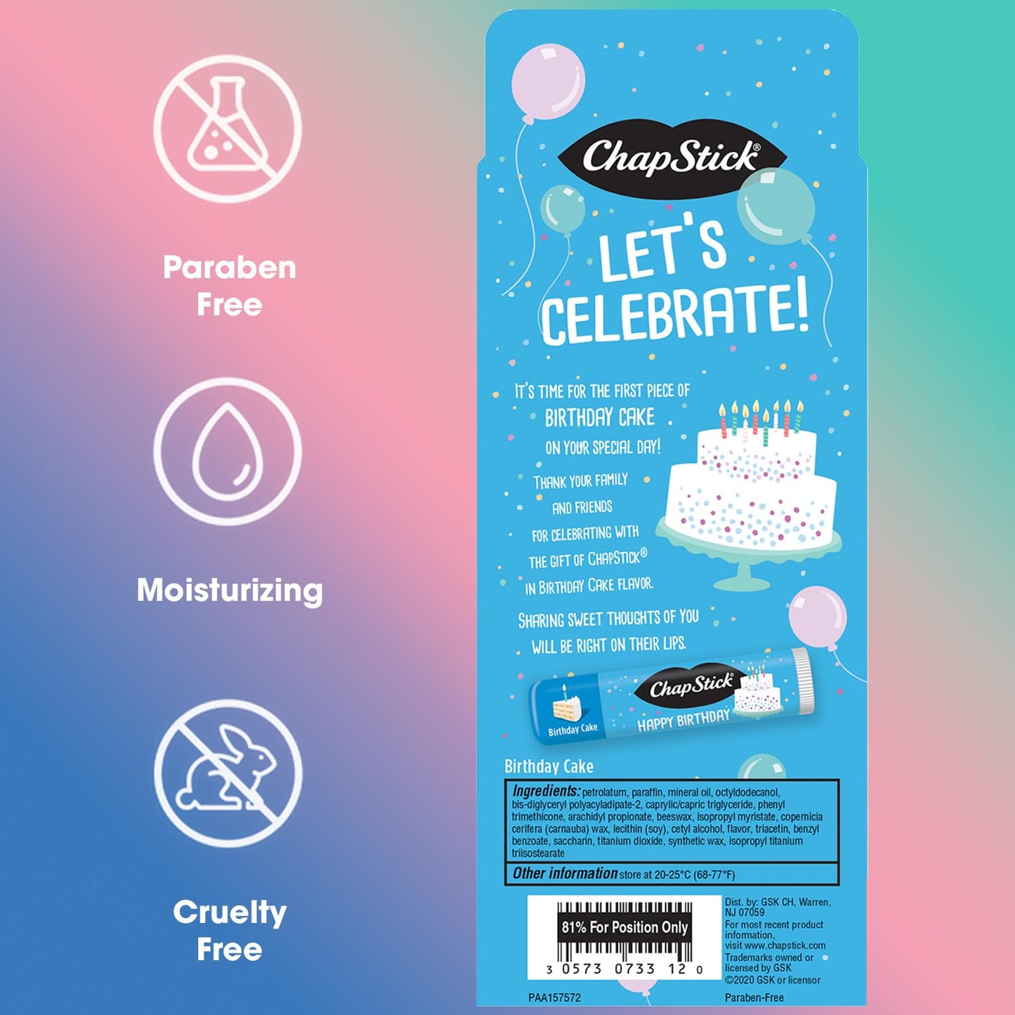 ChapStick Party Favors, Happy Birthday Cake Lip Balm Packs (30 Sticks) – Sweet, Creamy Vanilla Flavor, Fun Gifts for Teens & Adults, 0.15 Oz Ea