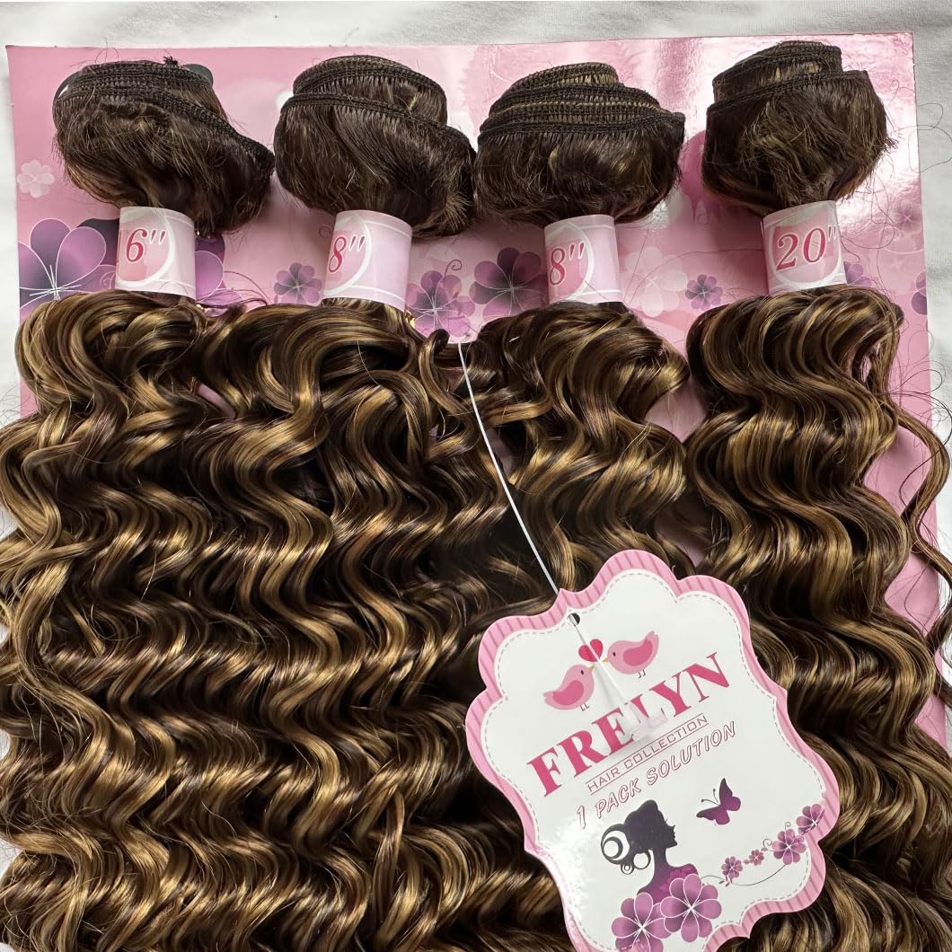 FRELYN Deep Wave Bundles Synthetic Curly Hair Quick Weave Brown and Honey Blonde Highlight Ombre Colored Hair 16 18 20 Inches 4 Bundles in 1 Pack
