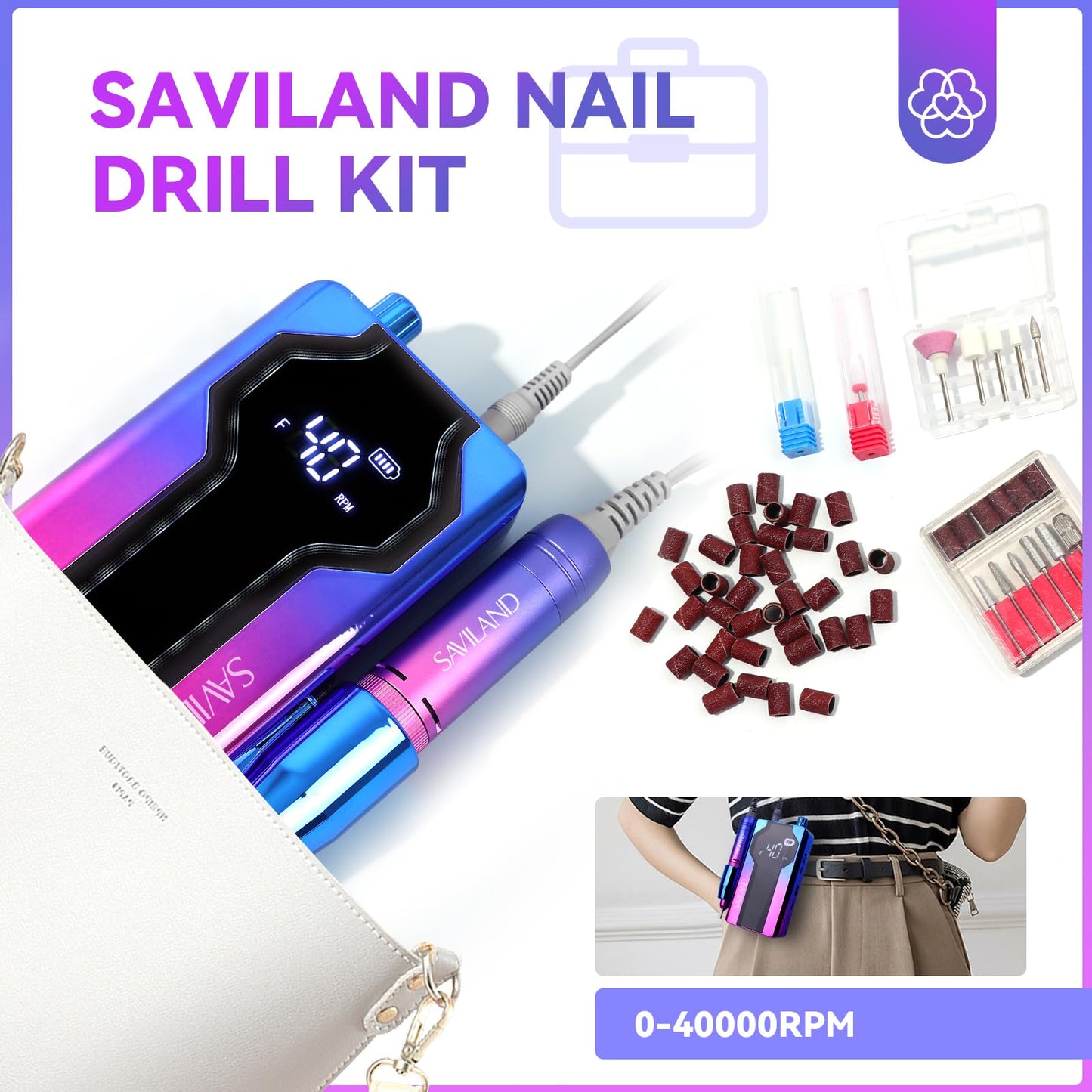 SAVILAND Nail Drill Professional: 40000RPM Nail Drill Machine 2024 Portable Nail File Faster Removal Acrylic Nails & Large Battery Capacity for Nail Art, Pedicure Manicure Home Nail Salon