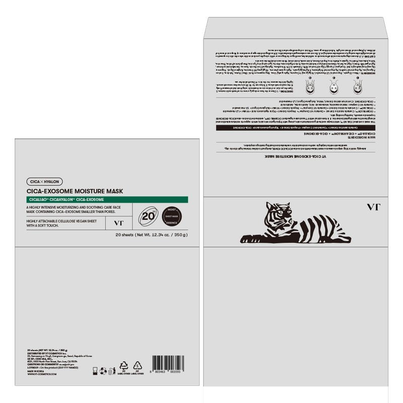 VT COSMETICS Cica-Exosome Moisture Mask 20 Sheets, Centella Asiatica & Hyaluronic Acid with Exosomes for Deep Hydration & Calming, Biodegradable Vegan Sheets, Korean Face Mask