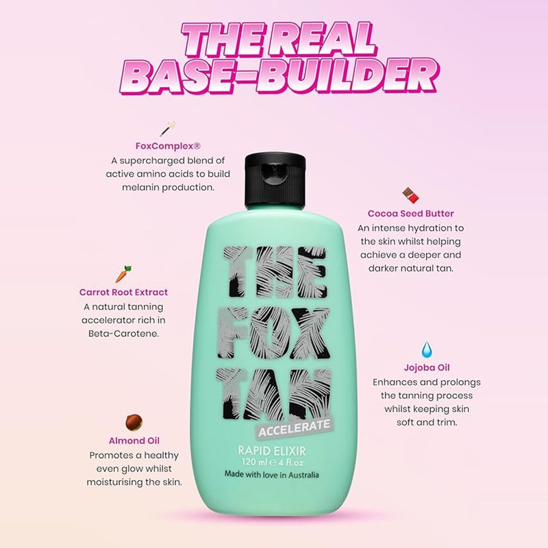 The Fox Tan Rapid Tanning Elixir, Natural Tanning Accelerator Lotion For Darker & Faster Tans, Creates Flawless Tan Skin, Vegan & Cruelty-Free, 120mL