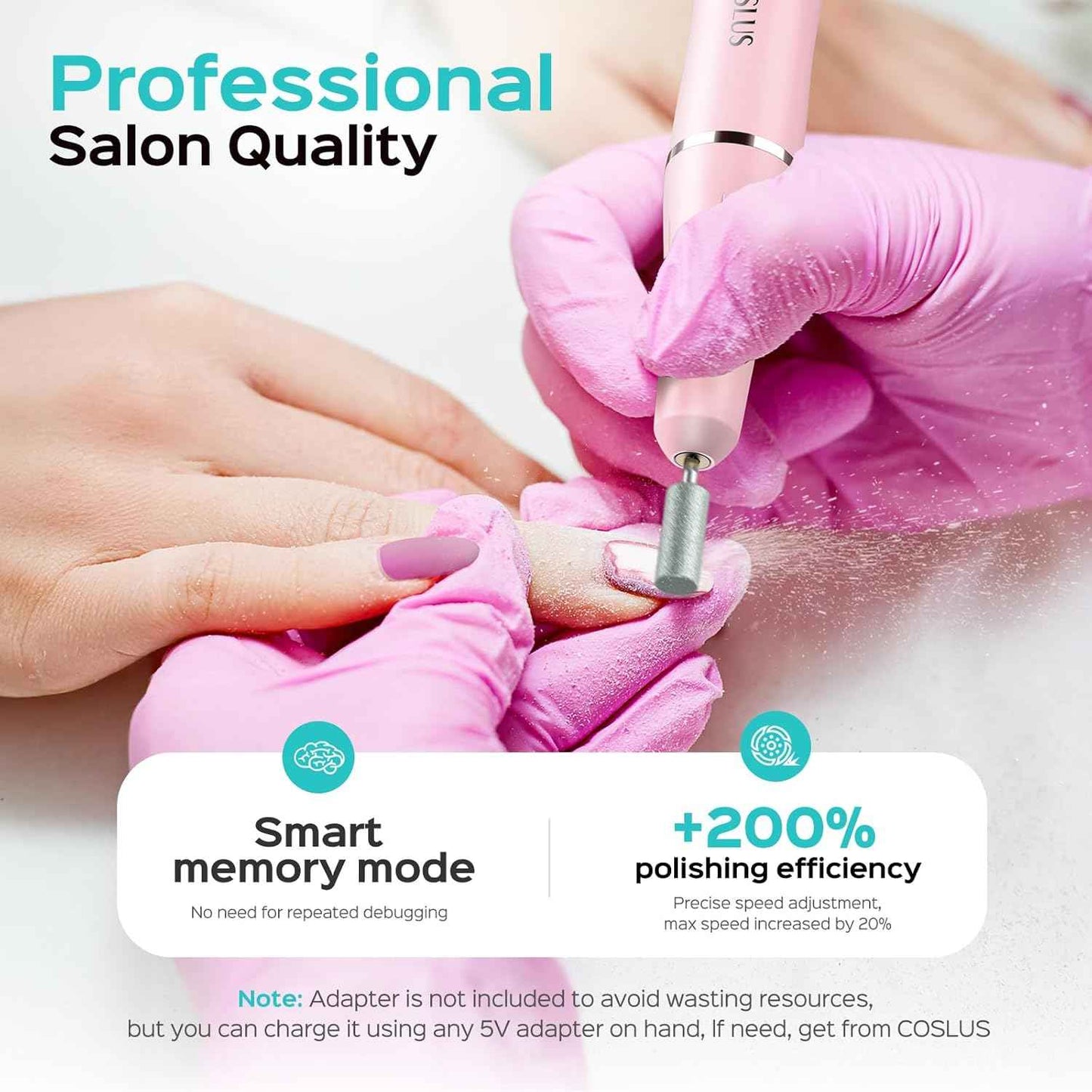 COSLUS Cordless Nail Drill Kit - Professional Electric File for Acrylic & Gel Nails, Portable with Adjustable Speed - Pink