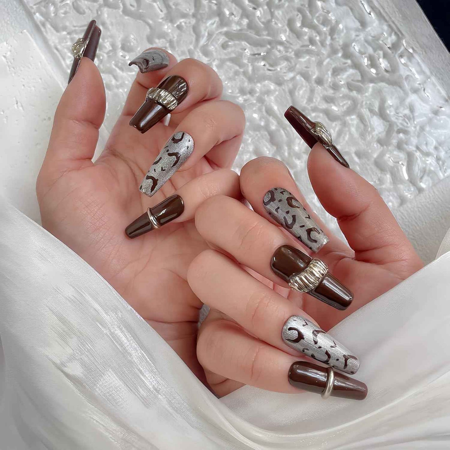 30PCS Luxury Press-On Nails Set – Long Coffin Dark Brown Leopard with Gold Accents – No Measuring Needed, Reusable Kit with Glue & Tools