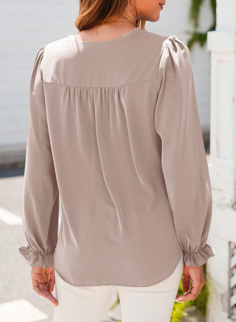 Dokotoo Long Sleeve Shirts for Women 2026 Fashion Trendy V Neck Gray Tops Basic Pleated Shirts Tops Lightweight Business Casual Outfits Large