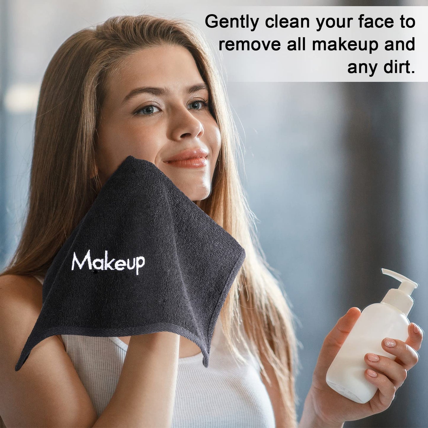 Chumia 18 Pcs Makeup Remover Cloths 13 x 13 Inch Makeup Towel Face Washcloths with Embroidery Black Reusable Washcloths Soft Cleansing Face Towel for Women