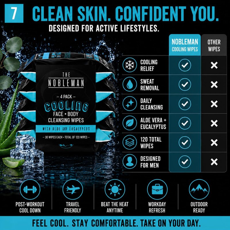 The Nobleman Cooling Face + Body Cleansing Wipes – Refreshing Skincare for Men with Aloe & Eucalyptus, Oil Control, Dirt Removal, Sweat Refresh, Daily Hygiene & After Gym Solution, (4 Pack, 120 Ct)
