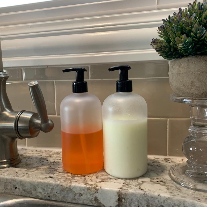 Refillable 16 oz PET Plastic Bottles - Set of 4 with Lotion Pumps for Shampoo, Body Wash & More | Drip-Free, Rust-Free (Frosted Clear)