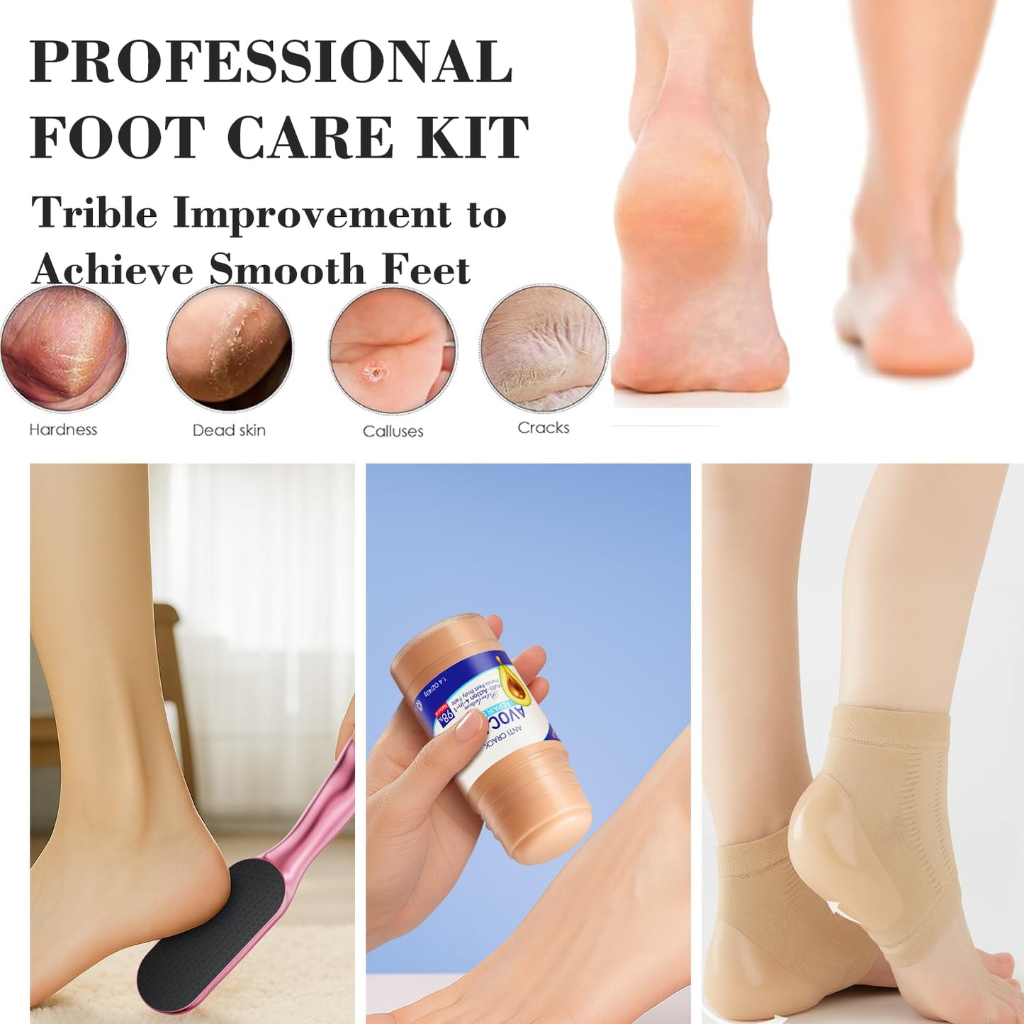 Nano Glass Foot File, Foot Callus Remover & Foot Scrubber for Smooth Feet, Professional Pedicure Tool (Heel Socks & Cracked Heel Stick Included), Pink