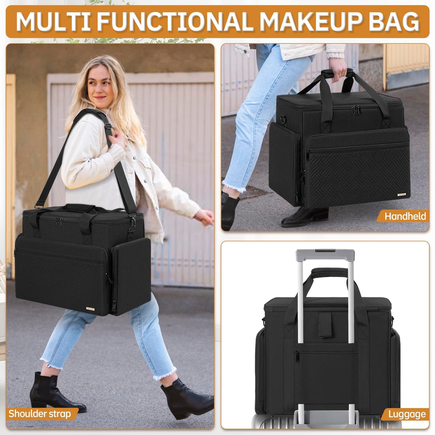 FREEAMG Extra Large Makeup Case with 6 Removable Pouches, Professional Make up Train Case, Travel Cosmetic Bag for Hairstylists Makeup Artist with Shoulder Strap and Handle Polka Dots(Bag only)