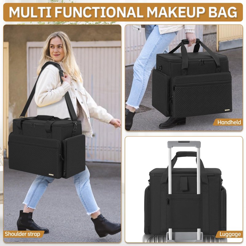 FREEAMG Extra Large Makeup Case with 6 Removable Pouches, Professional Make up Train Case, Travel Cosmetic Bag for Hairstylists Makeup Artist with Shoulder Strap and Handle Polka Dots(Bag only)