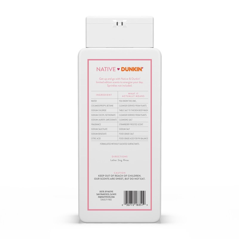 Native Body Wash, Dunkin Stawberry Frosted, Contains Naturally Derived Ingredients | For Women & Men, Sulfate, Paraben, & Dye Free Leaving Skin Soft and Hydrated | 18 oz