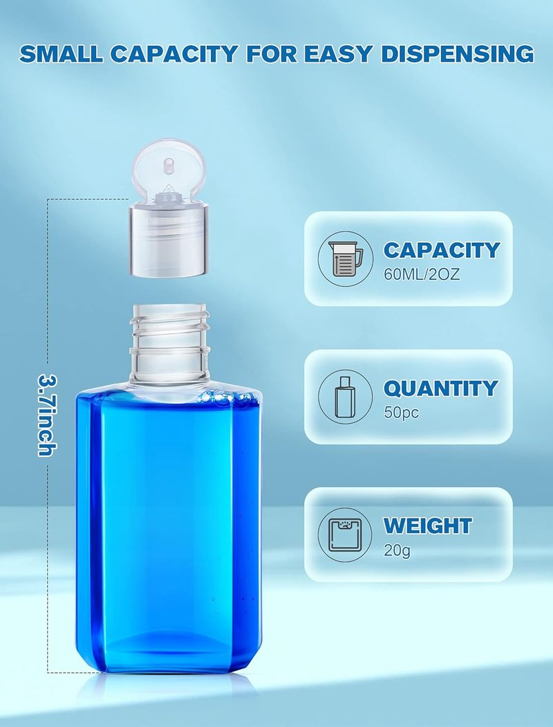 Travel Size Hand Sanitizer Bottles - 2oz Clear Refillable Flip-Top Containers | 50 Pack for Shampoo & More
