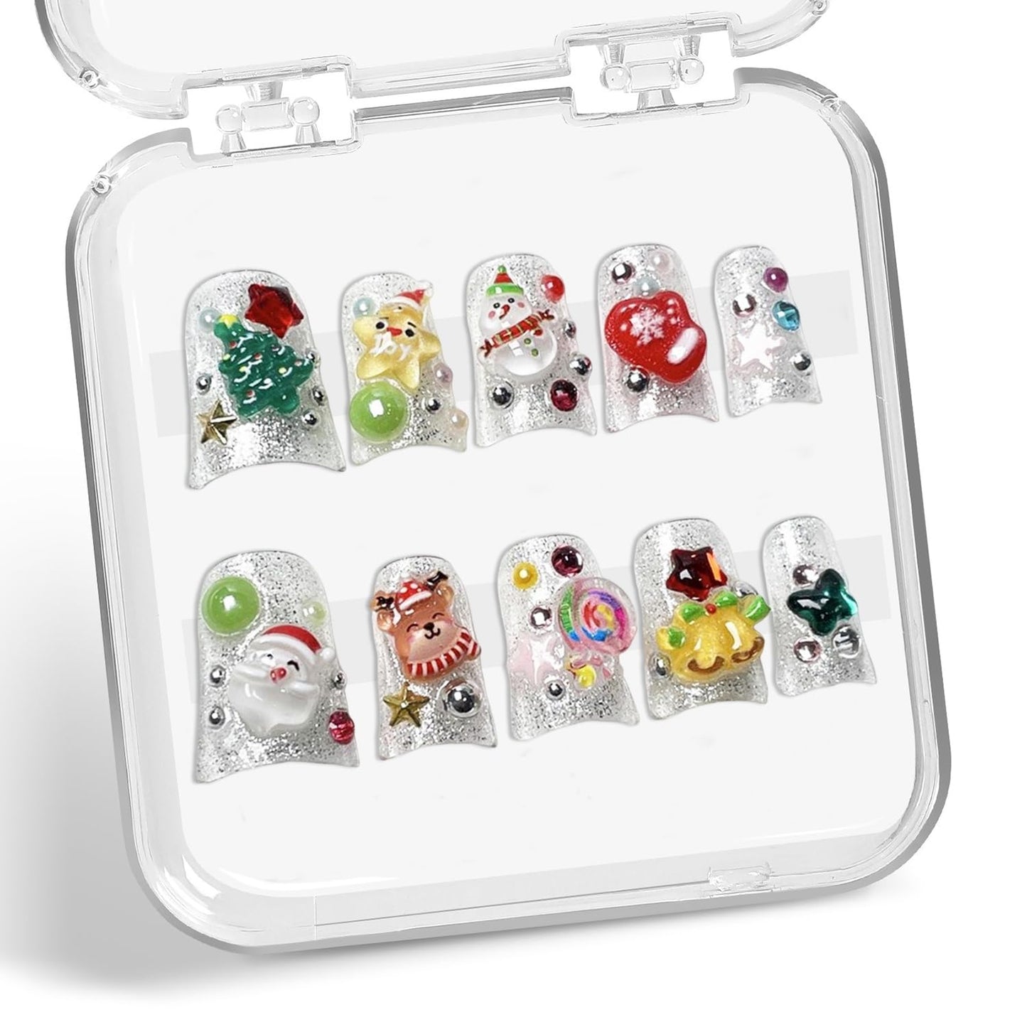 Christmas Press-On Nails - Short Square Gel Full Cover with Reindeer & Santa Designs