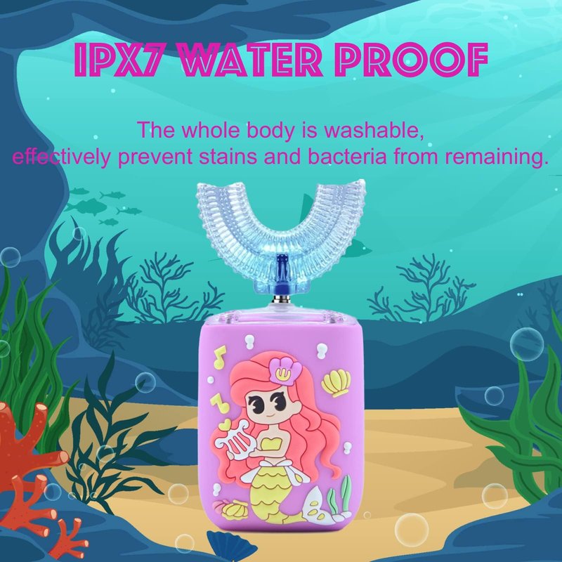 Geacker Kids Electric Toothbrush, U Shaped Toothbrush Kids Sonic Automatic Brush with 5 Brush Head 6 Sonic Clean Modes IPX7 Waterproof Mermaid Design Rechargeable Smart Timer for Children 2-7