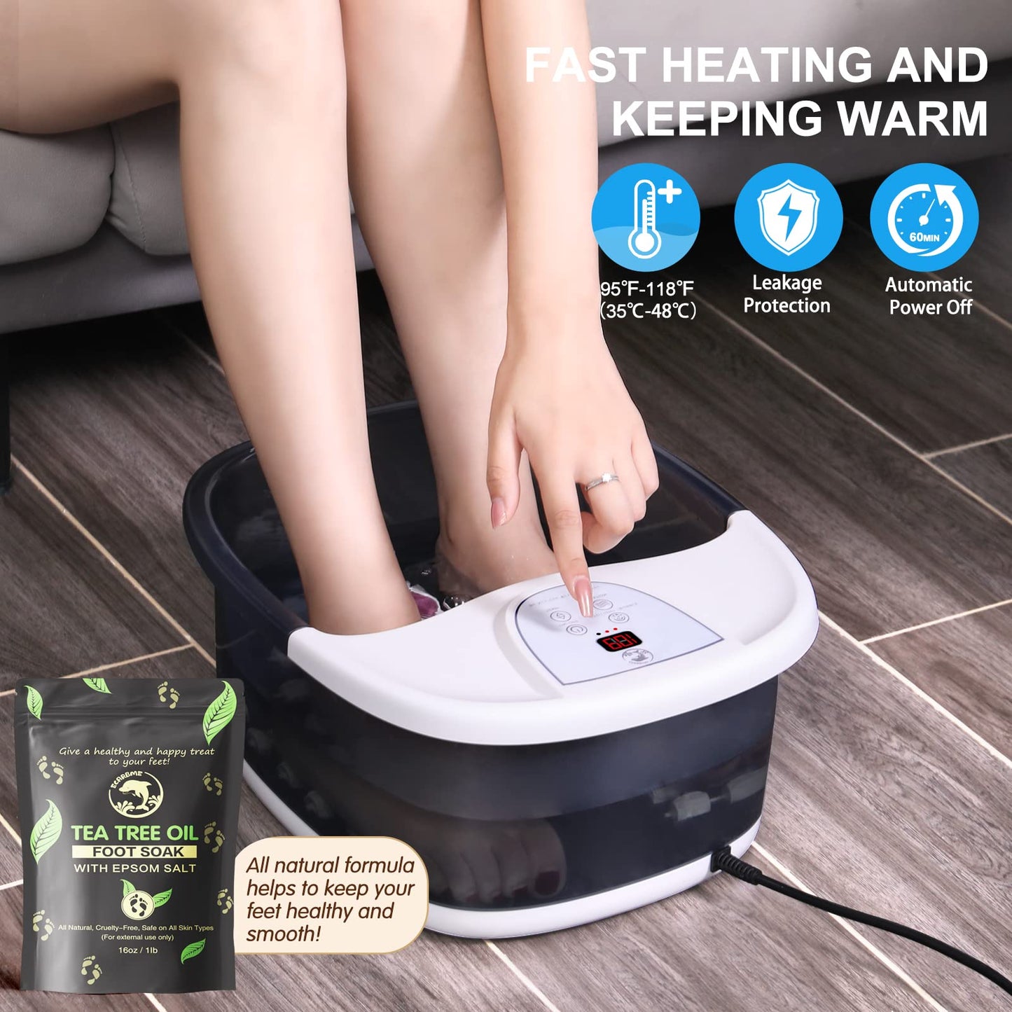 ECARBME Foot Spa Bath Massager with Heat, Foot Bath with 22 Massage Rollers, Temperature Control, Jets, Bubbles, Epsom Salt and Vibration, Foot Soaking Tub for Relaxation - Grey