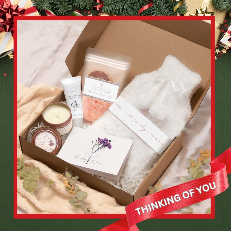 Sympathy Gift Baskets for Loss of Loved One – Bereavement Gift Basket with Bath Salts, Hot Water Bottle, Hand Cream, Sage Candle & Greeting Card – Sympathy Care Package, Condolences Gift for Women