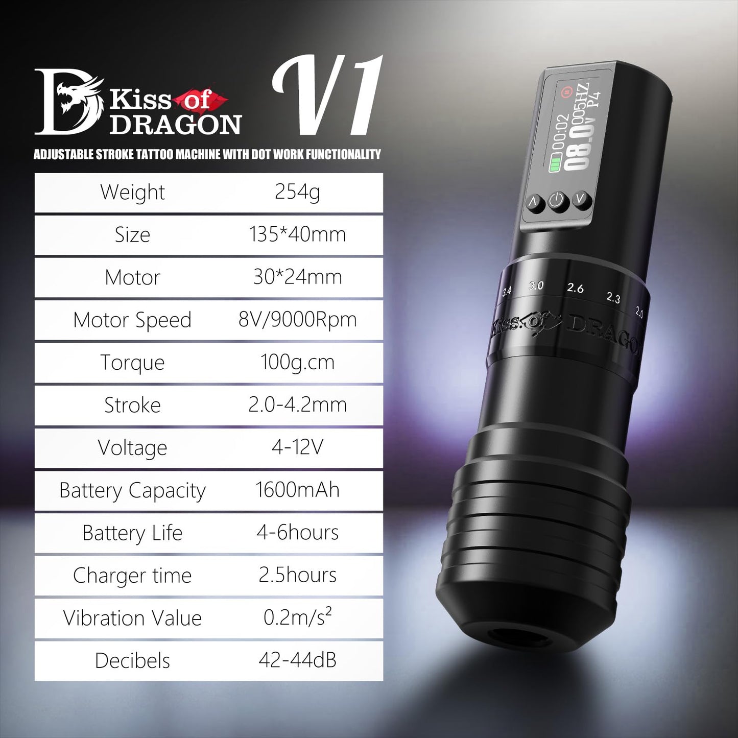 Tattoo Gun Kit Complete Wireless Tattoo Machine Kit, Kiss of Dragon V1 Rotary Adjustable Stroke Tattoo Pen with 1600 mAh Cordless Battery Tattoo Cartridge Needles Set for Beginners