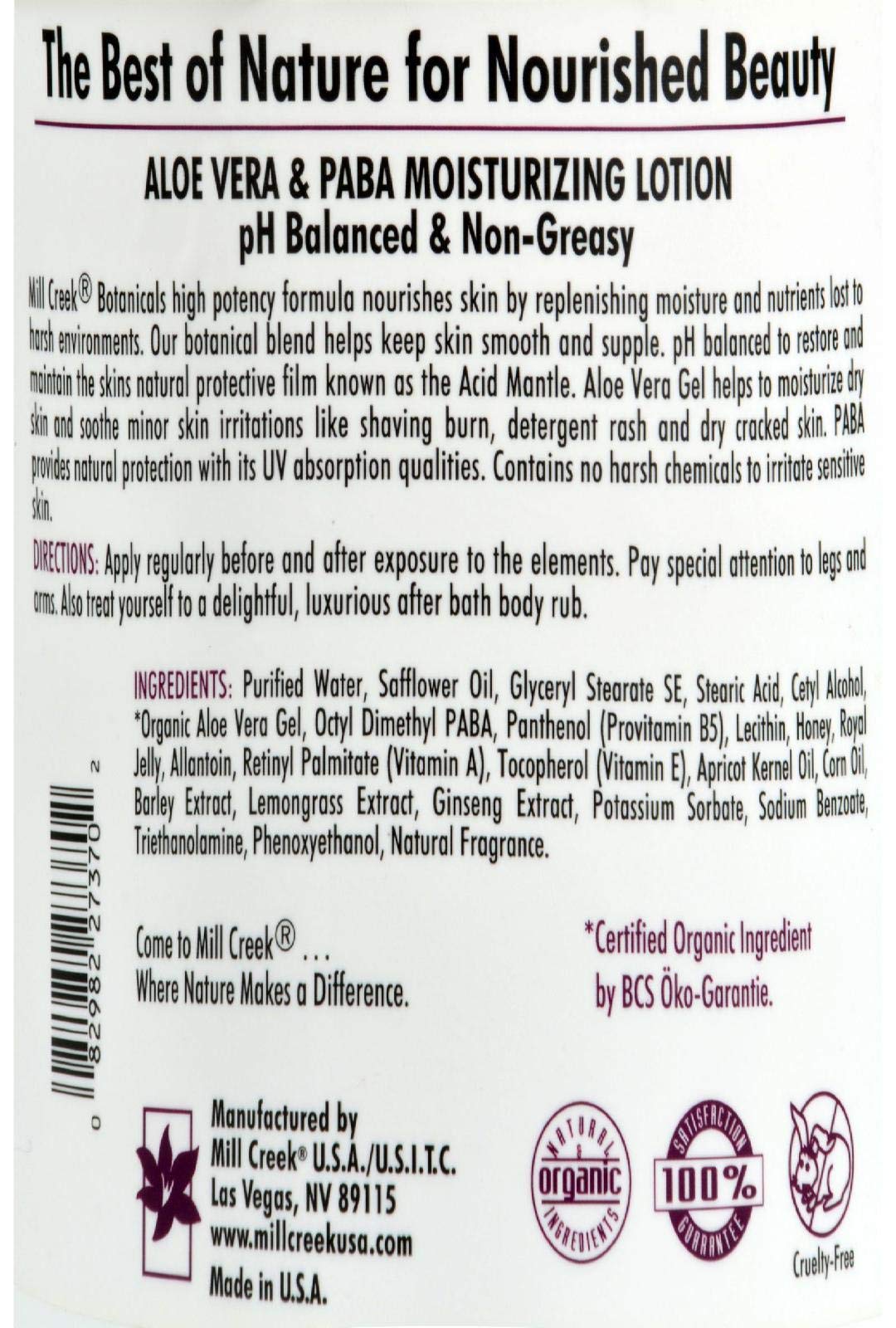 Mill Creek Botanicals Moisturizing Lotion Aloe Vera & Paba, 64 Oz