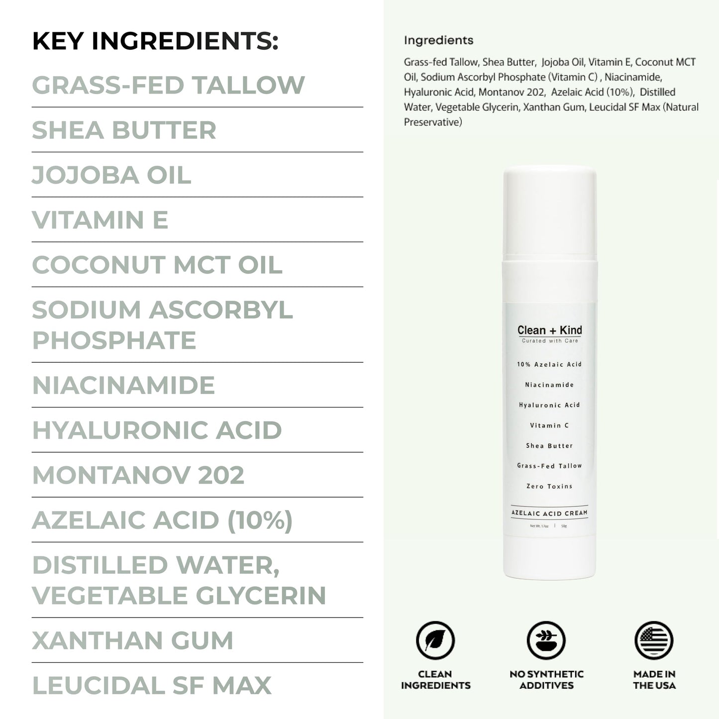 Clean + Kind Azelaic Acid 10% Face Cream with Niacinamide, Vitamin C & Hyaluronic Acid – Soothing Korean Skincare for Uneven, Blemish-Prone Skin with Shea Butter & Grass-Fed Tallow