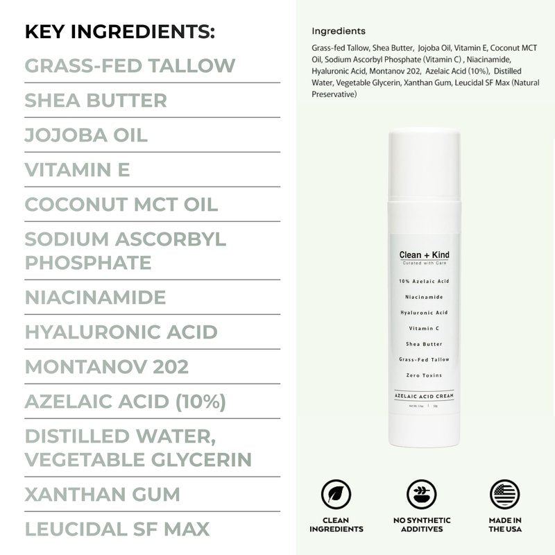 Clean + Kind Azelaic Acid 10% Face Cream with Niacinamide, Vitamin C & Hyaluronic Acid – Soothing Korean Skincare for Uneven, Blemish-Prone Skin with Shea Butter & Grass-Fed Tallow