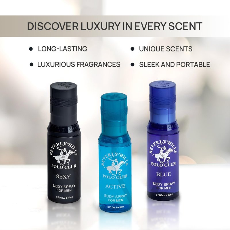 Beverly Hills Polo Club Men's Signature Body Spray Collection | 3-Piece Set: Blue, Active, Sexy | Versatile Fragrances for Every Occasion | Travel-Friendly 3 fl oz Each | Premium Grooming Gift for Him