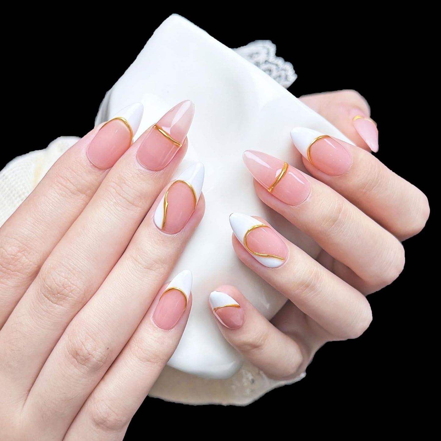 3D Sea Shell Press-On Nails - Handmade Medium Almond Beach Nail Art with Butterflies (L Size)