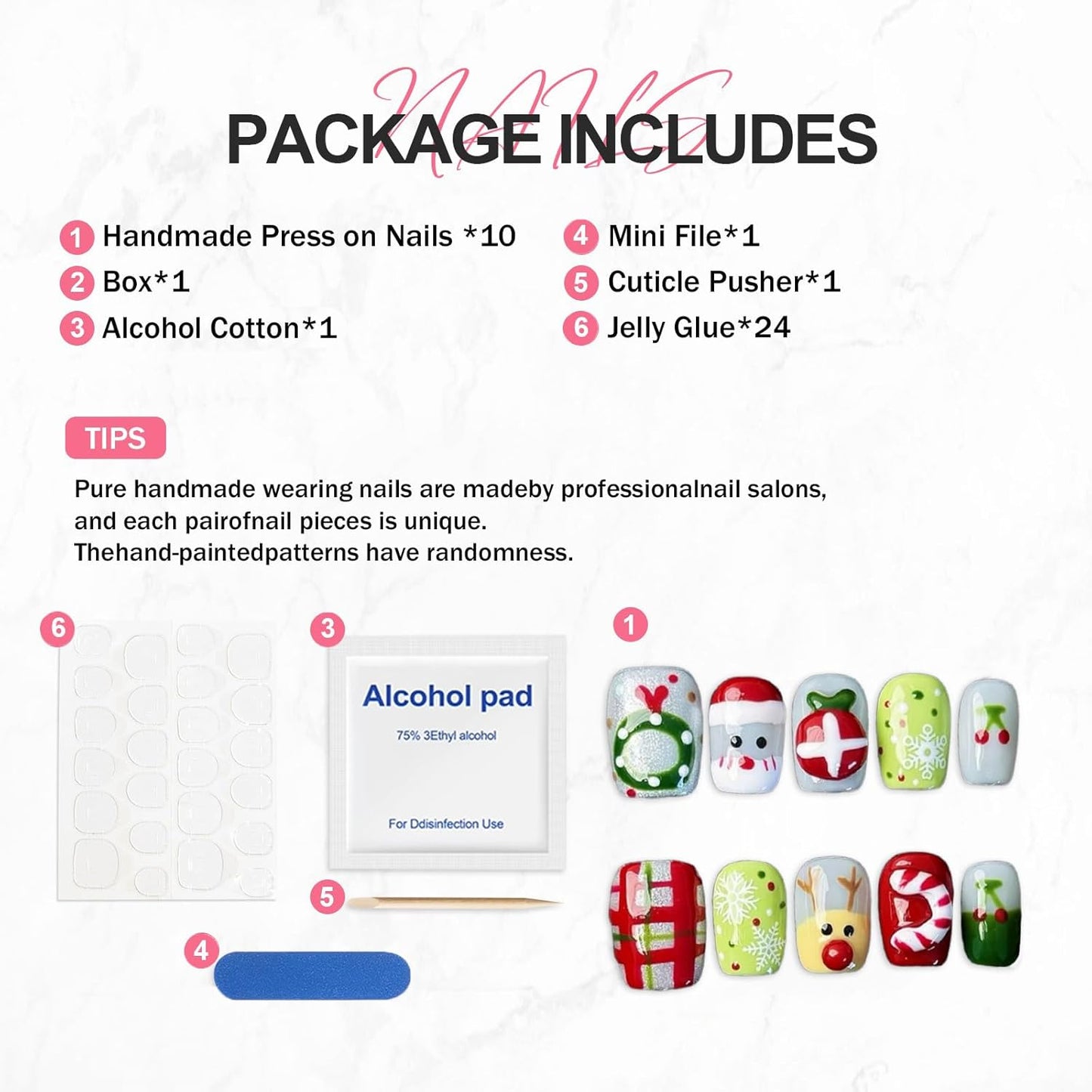 Christmas Press-On Nails - Short Square Gel Full Cover with Reindeer & Santa Designs