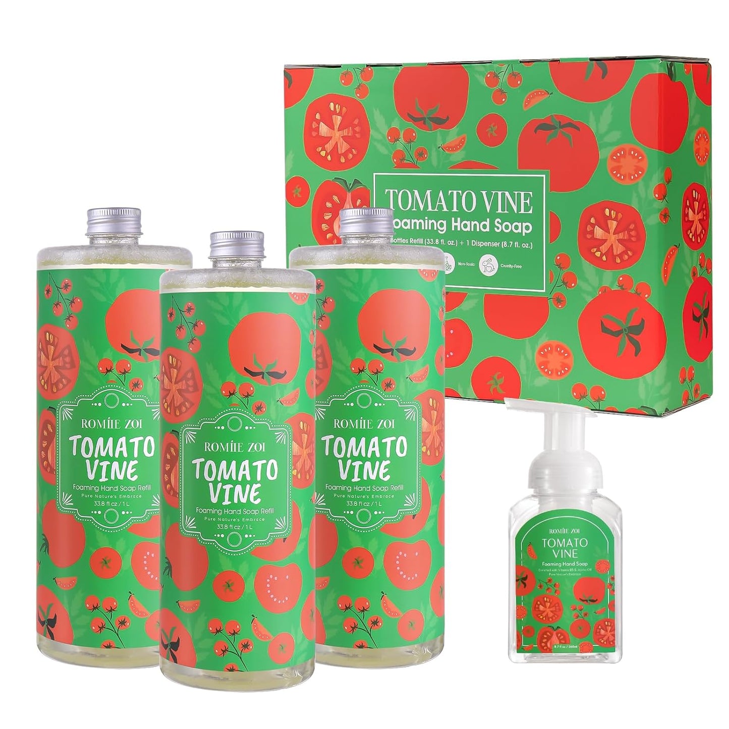 Tomato Vine Foaming Hand Soap Refill Set – 3 Pack (33.8 Fl Oz Each) – Chemical-Free & Moisturizing with Refillable Dispenser for Kitchen & Bathroom
