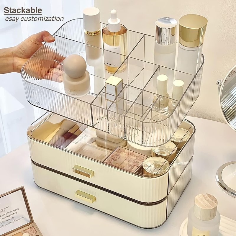 Decorcode Makeup Organizer with Wide Drawer for Vanity, Stackable Cosmetic Organizer Countertop, Clear Skincare Storage for Bathroom Counter, Perfume, Lipstick, Brushes and Palettes, Cream White